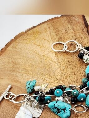 BANGLE HANDMADE BRACELET TURQUOISE, ONYX & PEARLS HANDMADE IN STERLING SILVER